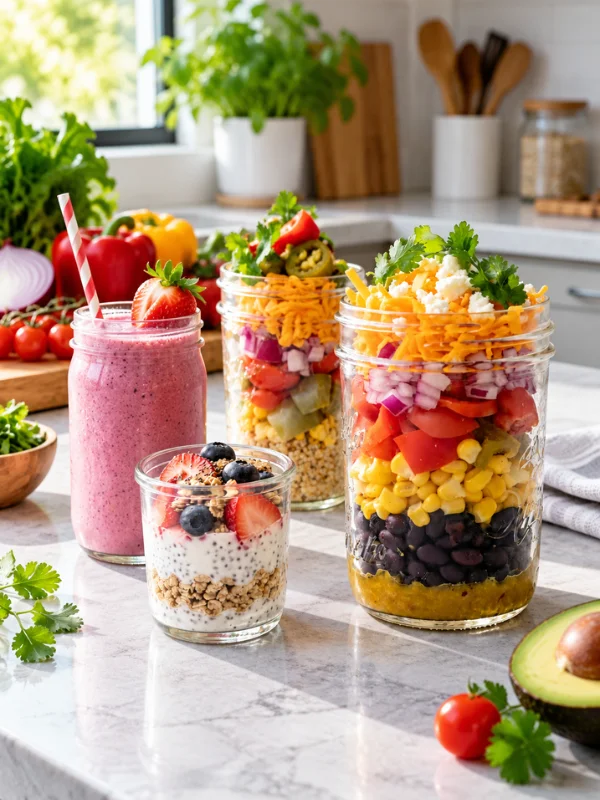 Ensaladas en frasco, batido y postre saludable