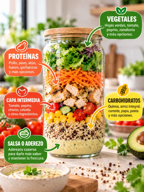 Ensalada completa en frasco organizada por capas