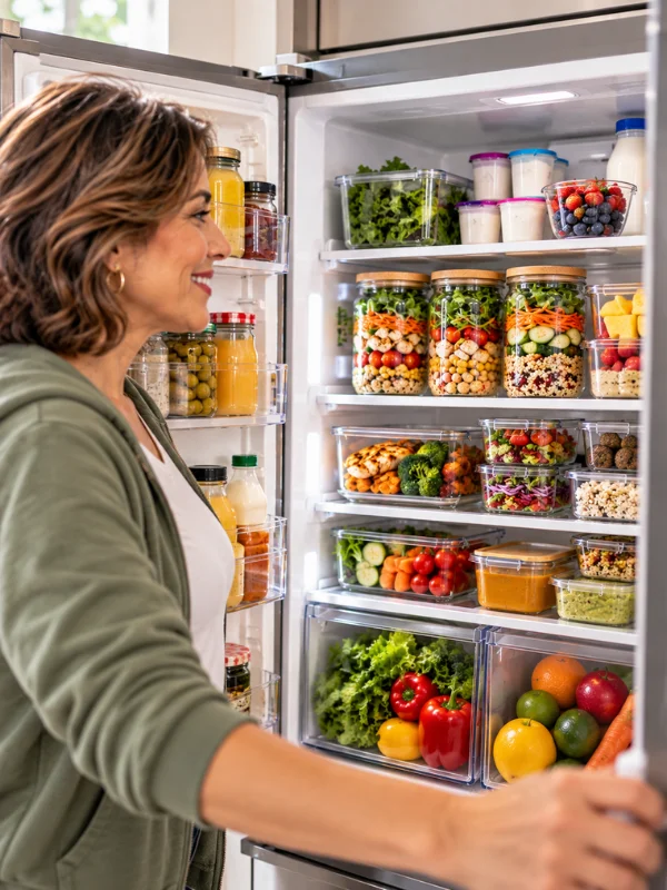 Refrigerador organizado con comidas saludables preparadas