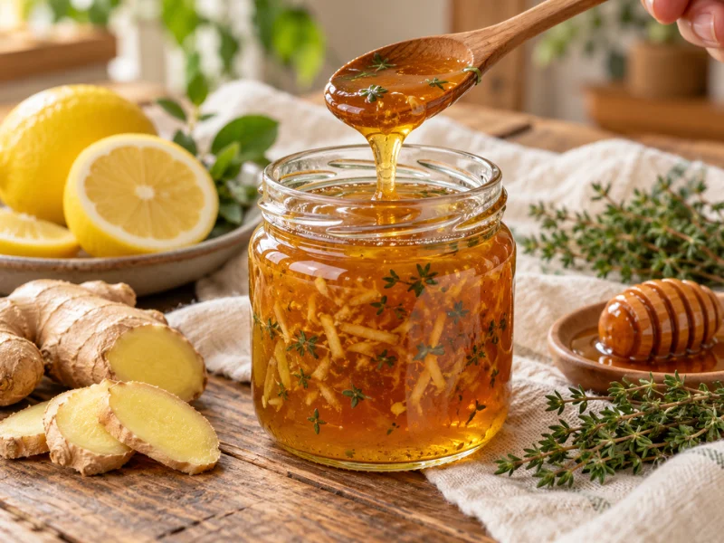 Jarabe casero de miel, limón, jengibre y tomillo