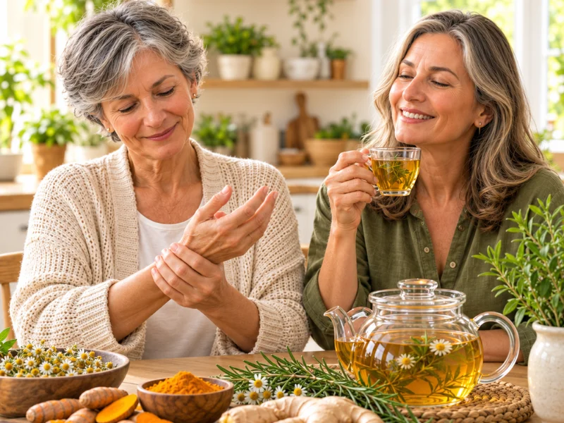 Mujer acompañando el cuidado de sus manos y articulaciones con una infusión herbal