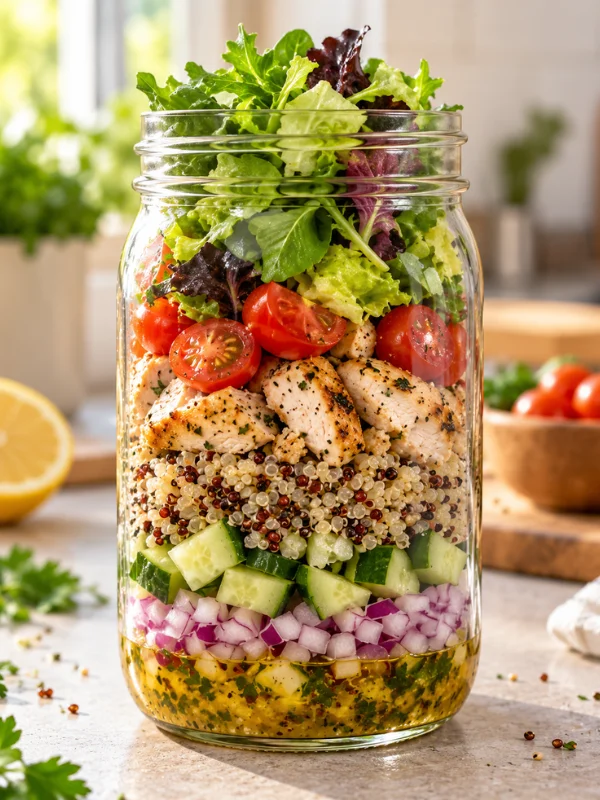 Ensalada mediterránea de pollo y quinoa en frasco