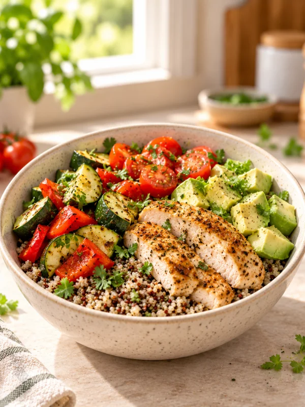 Bowl de pollo, quinoa y vegetales