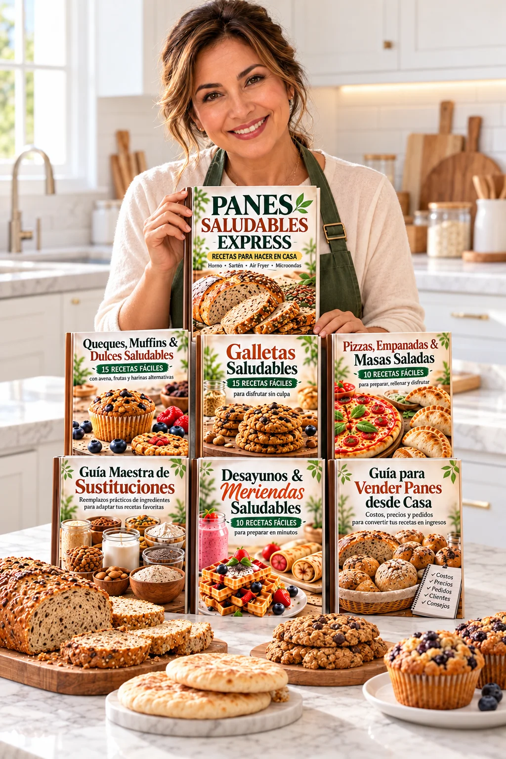 Mujer presentando Panes Saludables Express y sus seis ebooks complementarios en una cocina clara