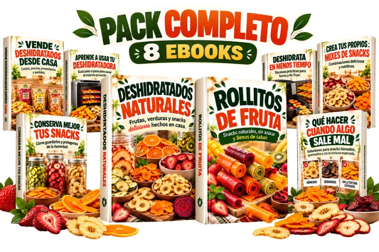Pack completo de ocho libros digitales sobre rollitos de fruta, deshidratados naturales y snacks caseros