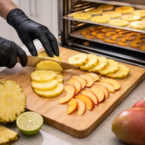 Preparación y corte de frutas antes de deshidratar